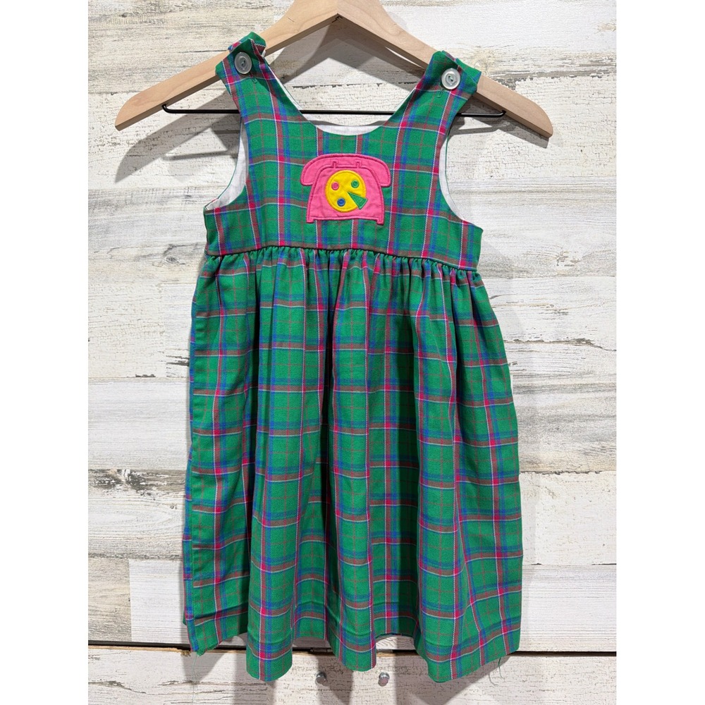 Kelly's Kids Dress Girls 4 Green Pink Plaid Rotary Phone Vintage